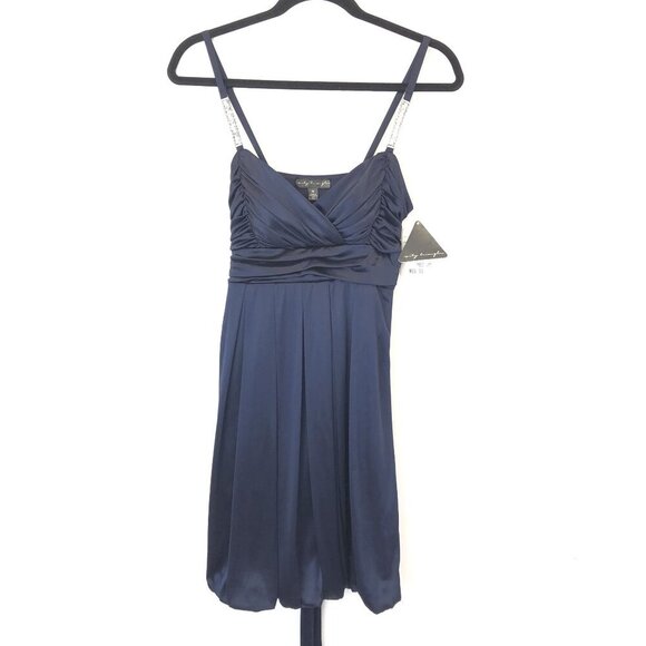 City Triangles Size M Navy Blue Sleeveless Ruched Party Dress Rhinestone Straps - Picture 7 of 7